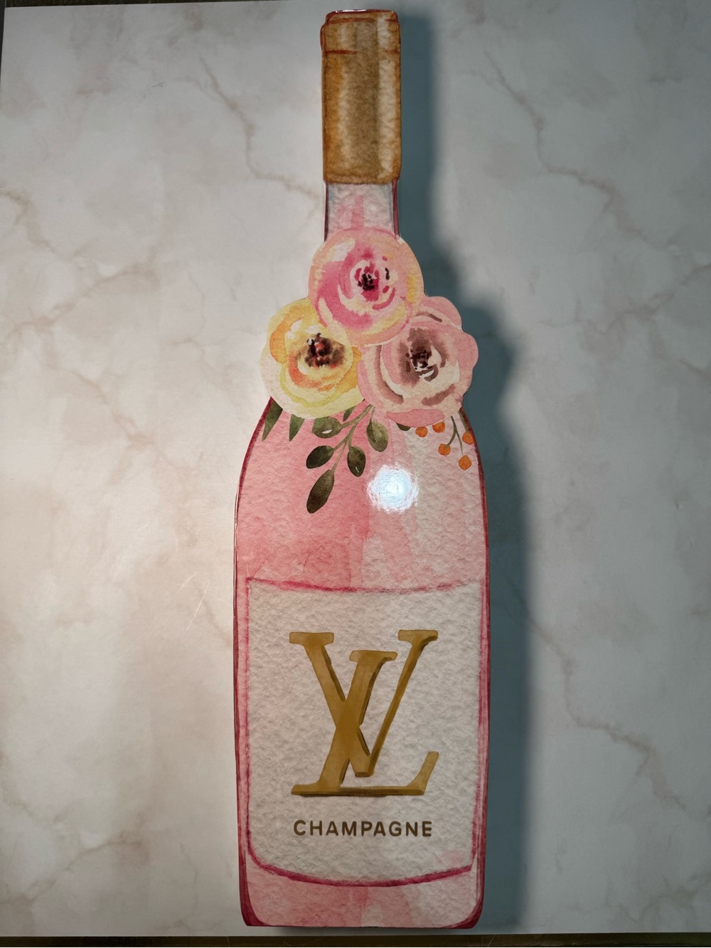 Pink Champagne Bottle Wood Table Decor with Gold LV Logo